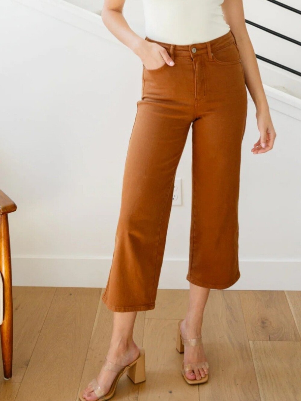 Judy Blue Camel High Rise Tummy Control Wide Crop Jeans